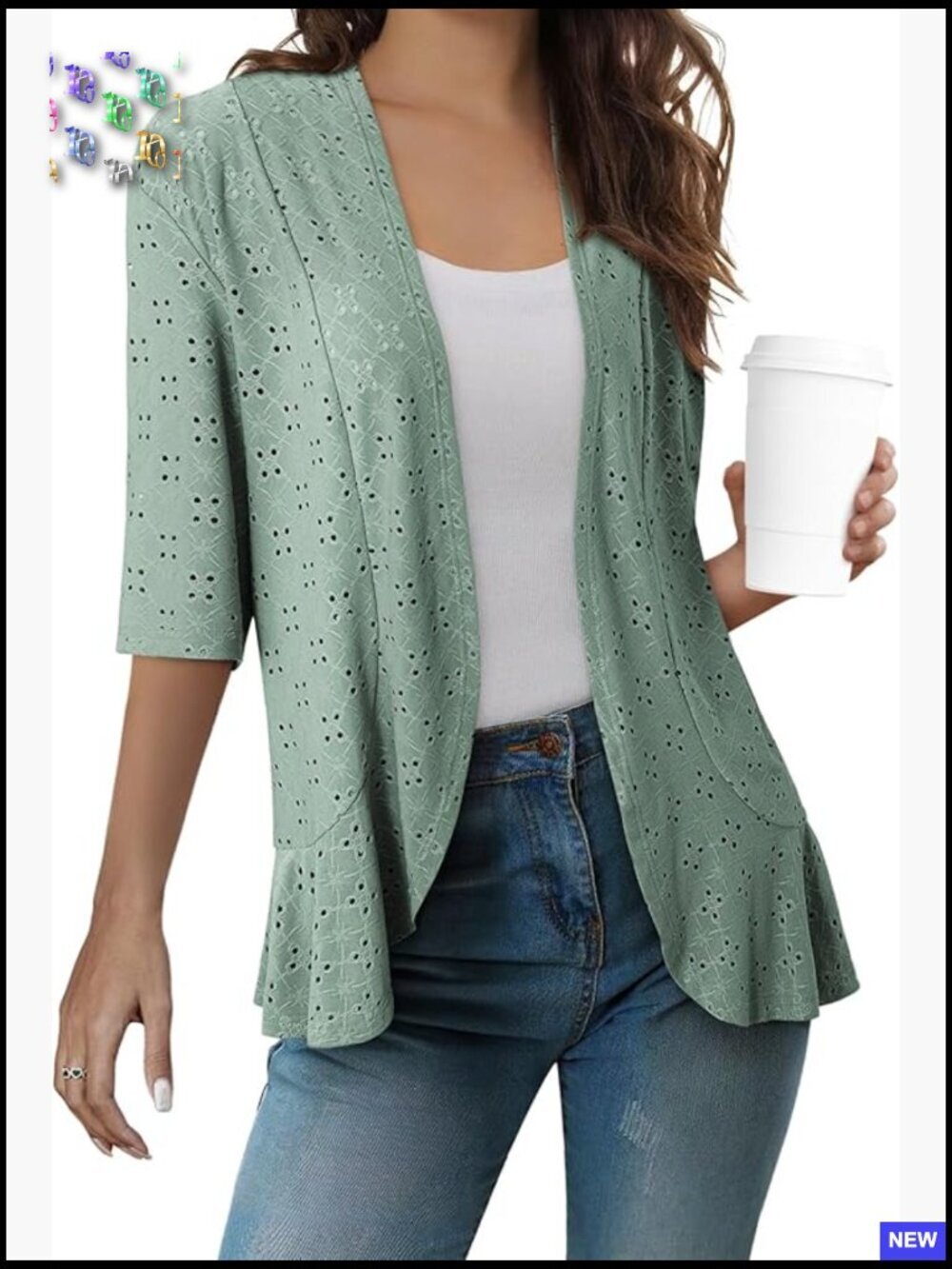 Lightweight Netted Crochet Cardigan Ruffle Half Sleeve Kimono Cover Up